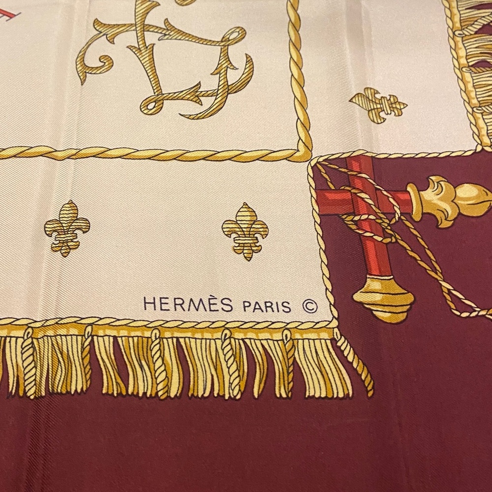 Hermès Paris Scarf with Gold and Burgundy Design